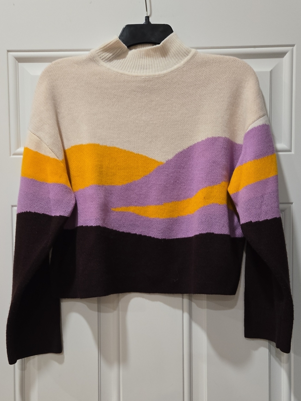 H&M Cream Mock Neck Sweater with Purple, Yellow & Brown Colorblock
